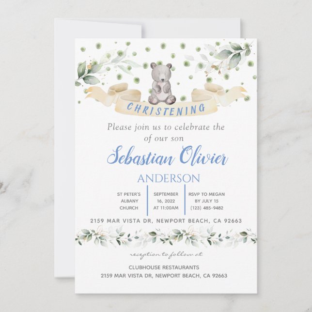 Ours Bleu Floral Verdure Baptême Girl Invitation (Devant)