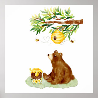 Ours Brun et Rucher en Aquarelle Décoration Murale