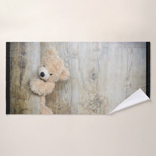 Ours Cute Stuffé Mur Rustique En Bois (Serviette de bain)