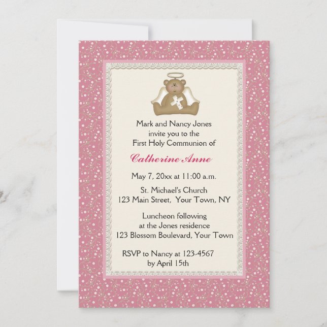 Ours d'ange, invitation religieuse rose de (Devant)
