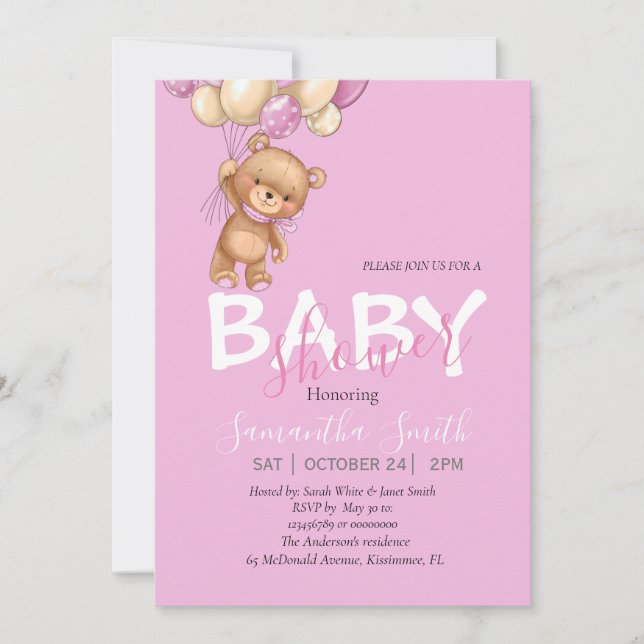 Ours en peluche, Ballons ROSES Invitation Baby sho (Devant)