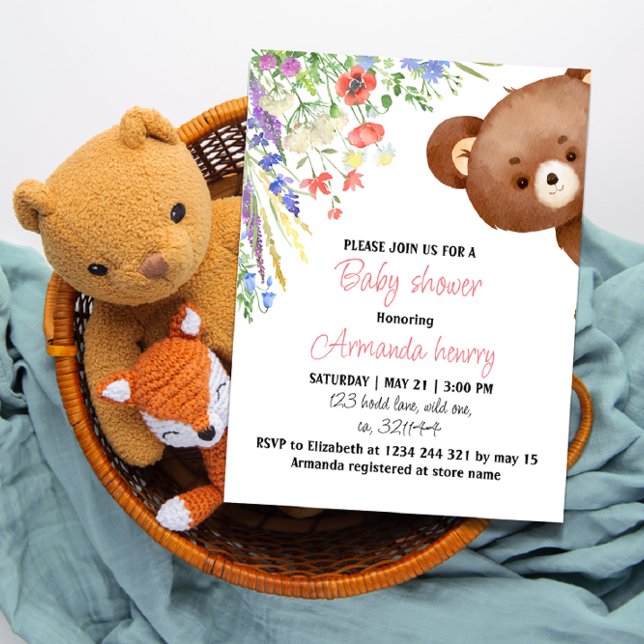 Ours en peluche floral baby shower invitation modi (Créateur téléchargé)