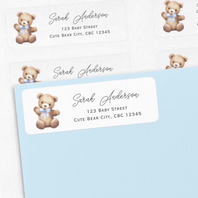 Ours en peluche mignonne avec douche à ruban bleu (Blue Teddy Bear Return Labels.)