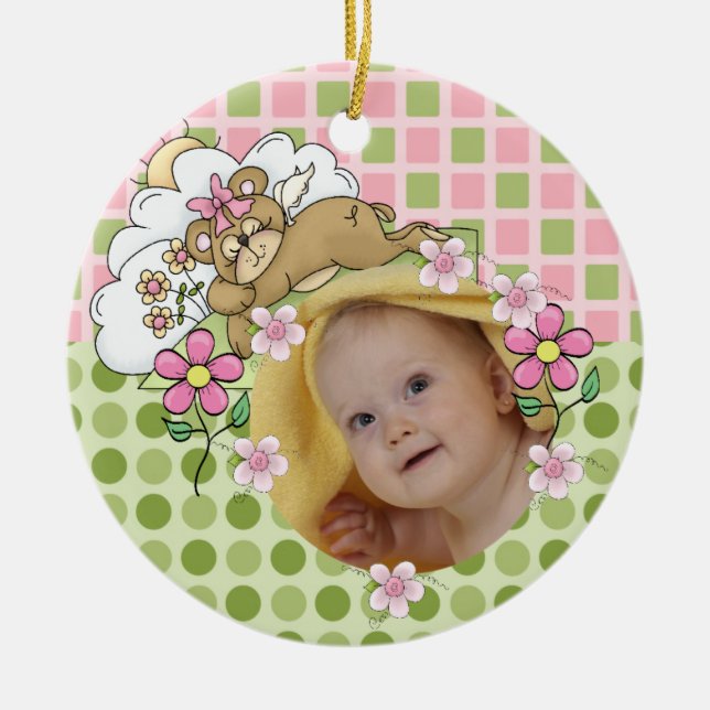 Ours en peluche rose et vert ornement de bébé (Devant)