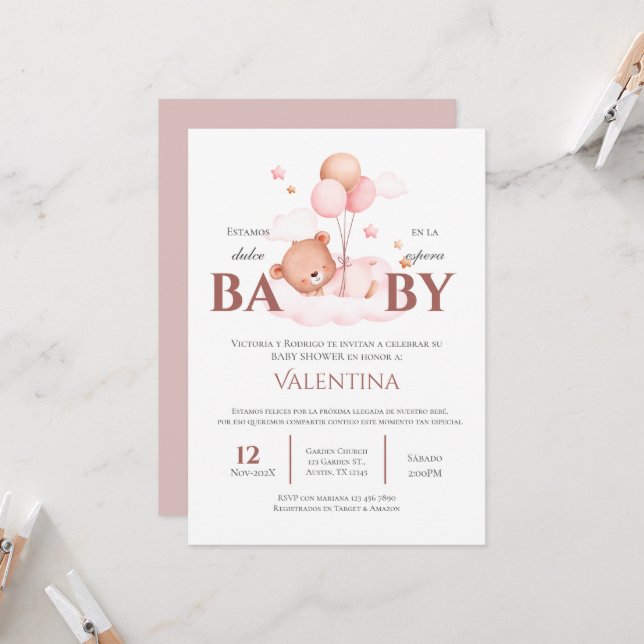 Ours Espagnol Baby shower Invitation fille (Devant/Arrière en situation)