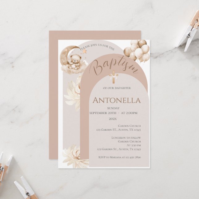 Ours et ballons Fille Baptême Invitation (Devant/Arrière en situation)