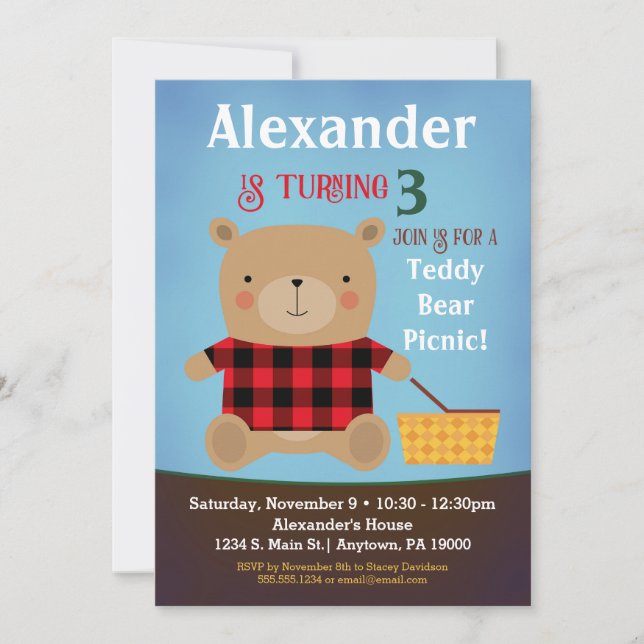 Ours Invitation Anniversaire Teddy Ours Pique-niqu (Devant)