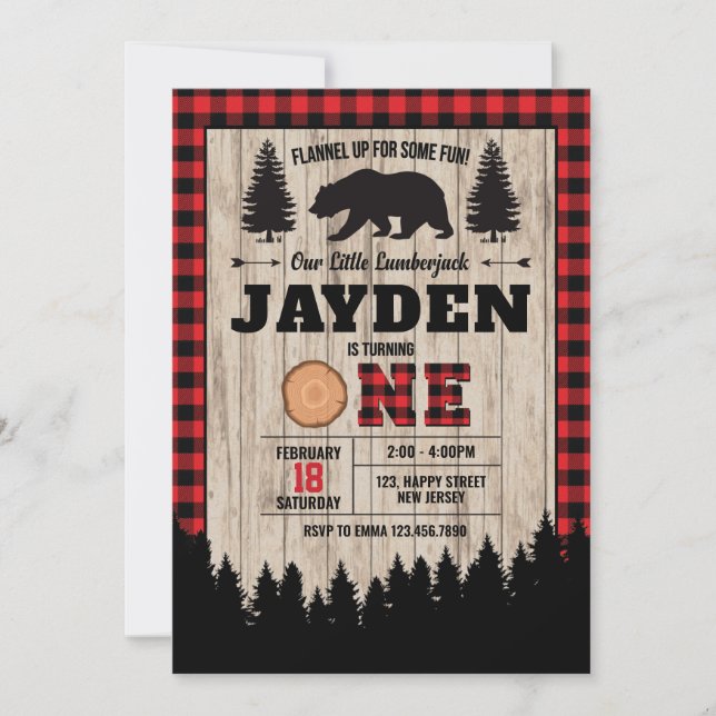 Ours Lumberjack Invitation Anniversaire. Enfant an (Devant)
