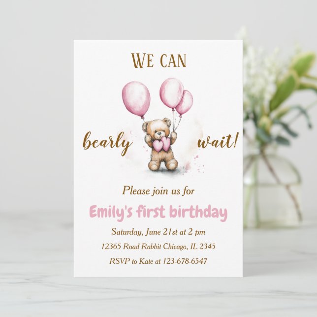 Ours mignon avec des ballons roses | Invitation d' (Debout devant)