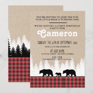 Ours Plaid 1er Anniversaire Fête Invitation