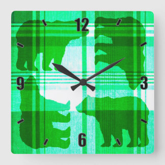 Ours plaid vert rustique horloge murale carré
