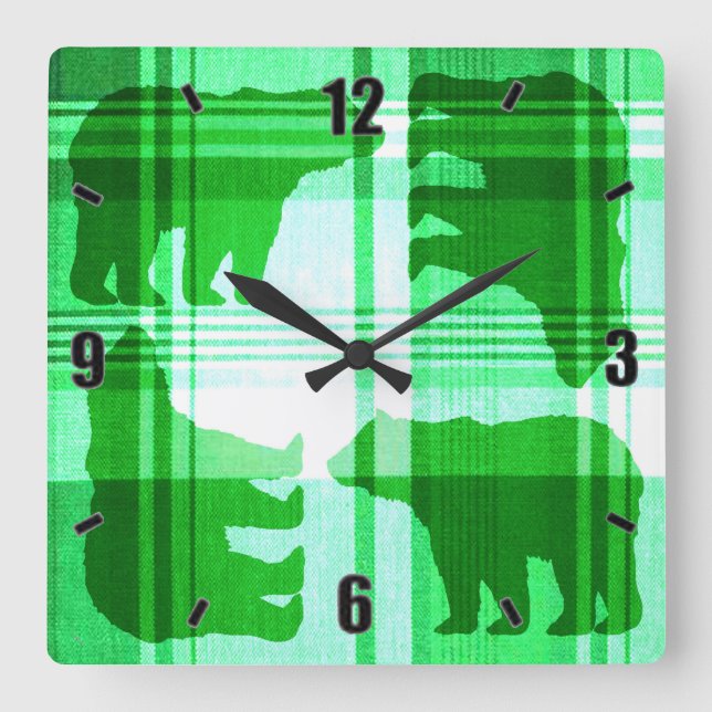 Ours plaid vert rustique horloge murale carré (Recto)