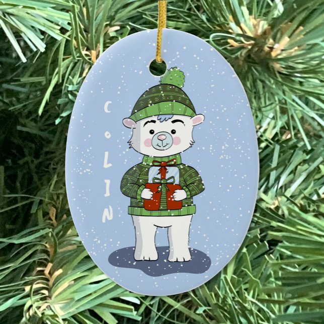Ours polaire avec cadeaux Ornement de Noël bleu (Polar bear blue Christmas tree ornament .)