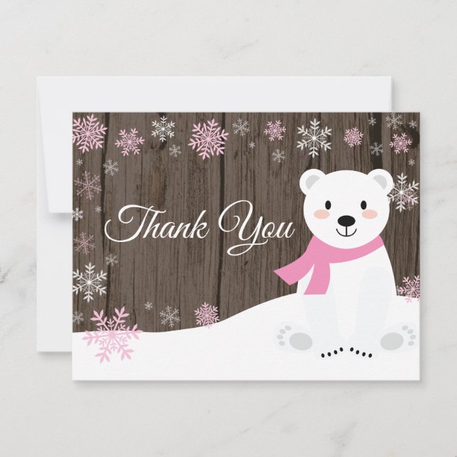 Ours polaire d'hiver Carte de remerciements rose (Devant)