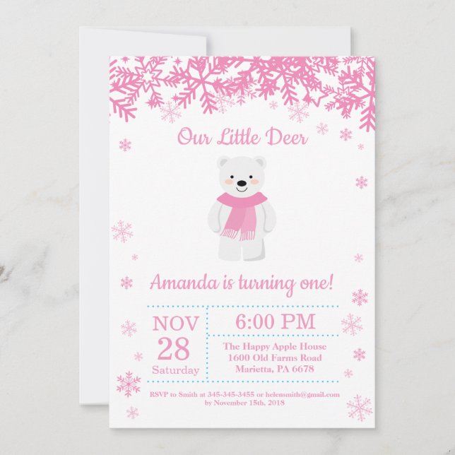 Ours polaire Invitation d'anniversaire fille d'hiv (Devant)