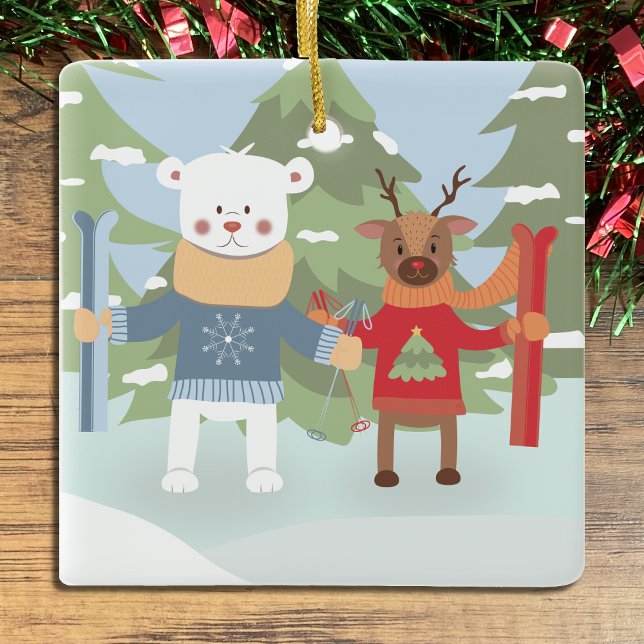 Ours polaire mignon et rennes avec skis Ornement (Créateur téléchargé)