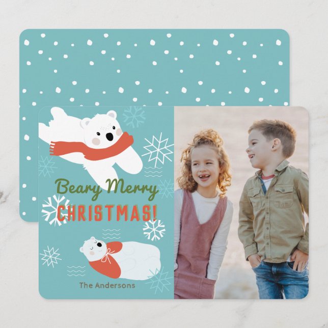 Ours polaires Beary Joyeux Carte photo de Noël (Devant / Derrière)