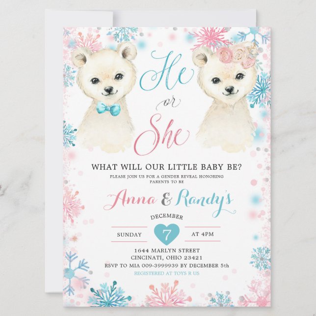 Ours rose et bleu hiver Sexe Reveillez Invitation (Devant)