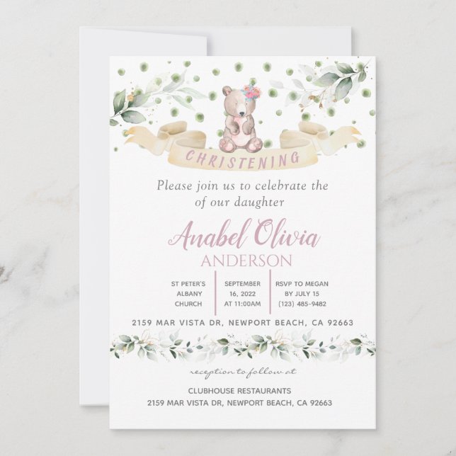 Ours Rose Flore Verdure Baptême Invitation fille (Devant)