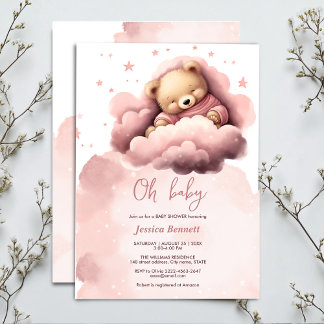 Ours rose sur les nuages baby shower invitation