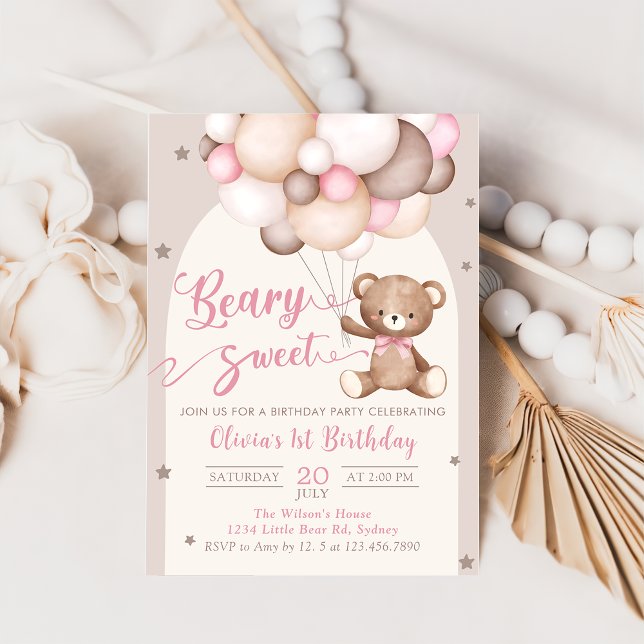 Ours Rose Teddy Ballons Fille Invitation Anniversa (Créateur téléchargé)