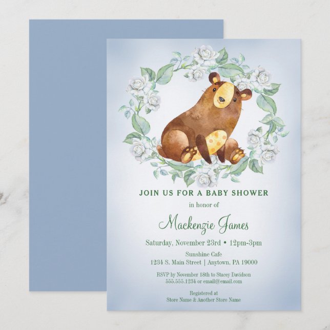 Ours Woodland Baby shower Invitation Garçons Bleu (Devant / Derrière)