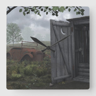 OUT HOUSE AND RUSTED CAR CLOCK