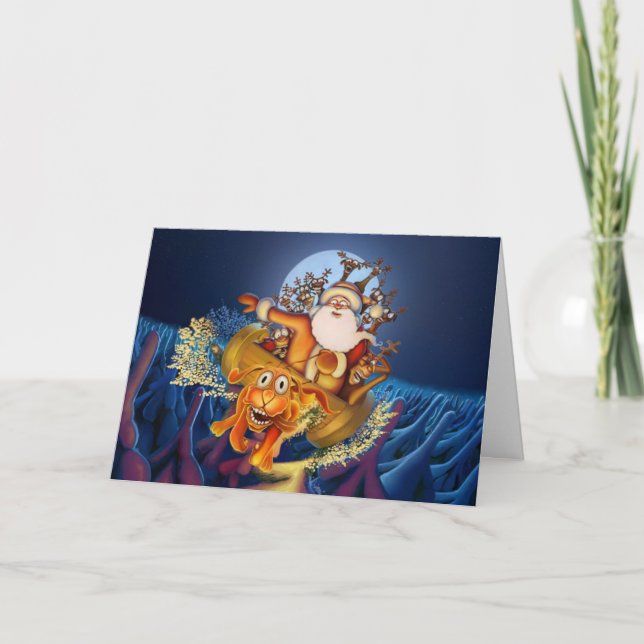 Out of Control Santa Sleigh w/ Crazy Reindeer Holiday Card (Front)