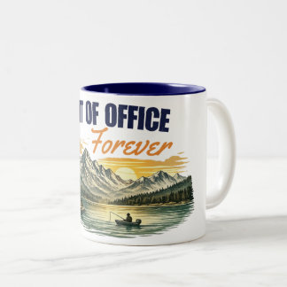 Out of Office Forever Fishing Mountain Design Two-Tone Coffee Mug