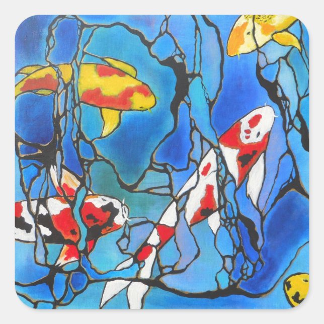 "Out Of The Blue" Koi Fish Art Painting! Square Sticker (Front)