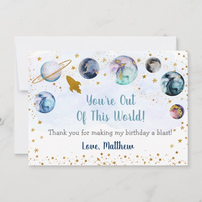 Out Of This World Galaxy Blue Gold Thank You Card (Front)