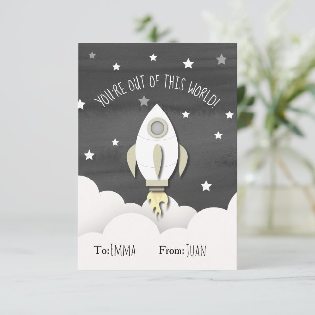 Out Of This World Outer Space Rocket Kid Valentine Invitation (Standing Front)