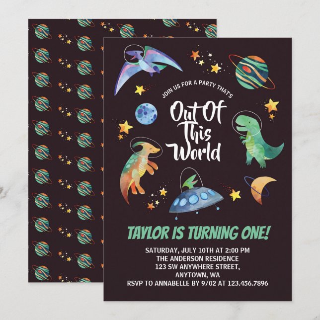 Out Of This World Space Dinosaur Galaxy Birthday   Invitation (Front/Back)