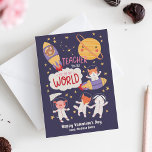 Out of this World Teacher Valentine's Day Card<br><div class="desc">Cute Teacher Valentine's Day card featuring a beautiful hand-drawn illustration. Personalize the front of the card by adding your name at the bottom. The card reverses to display a pink heart pattern.</div>