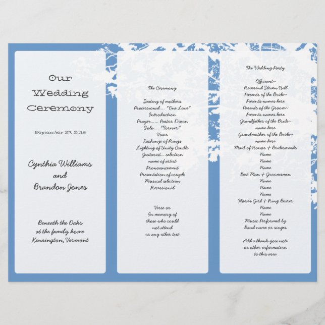 Out Tree, Blue Tri-Fold Wedding Program Template (Front)