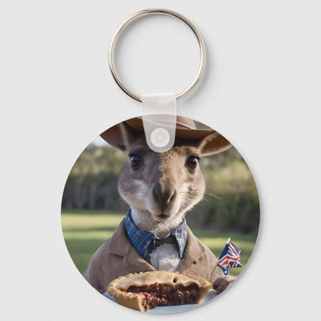 "Outback Delight: A Kangaroo Eats Aussie Meat Pie Keychain (Front)