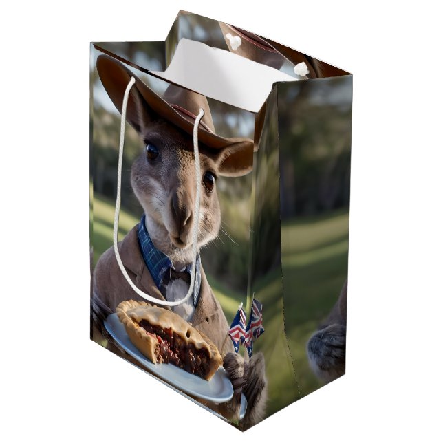 "Outback Delight: A Kangaroo Eats Aussie Meat Pie Medium Gift Bag (Front Angled)