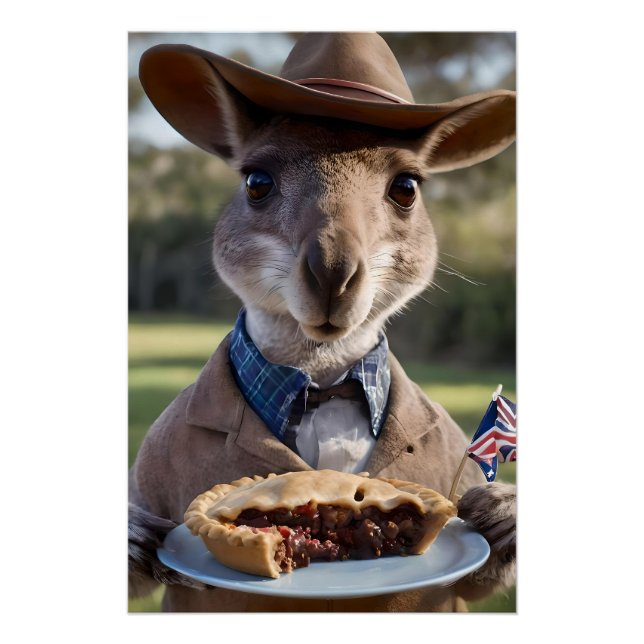 "Outback Delight: A Kangaroo Eats Aussie Meat Pie Poster (Front)