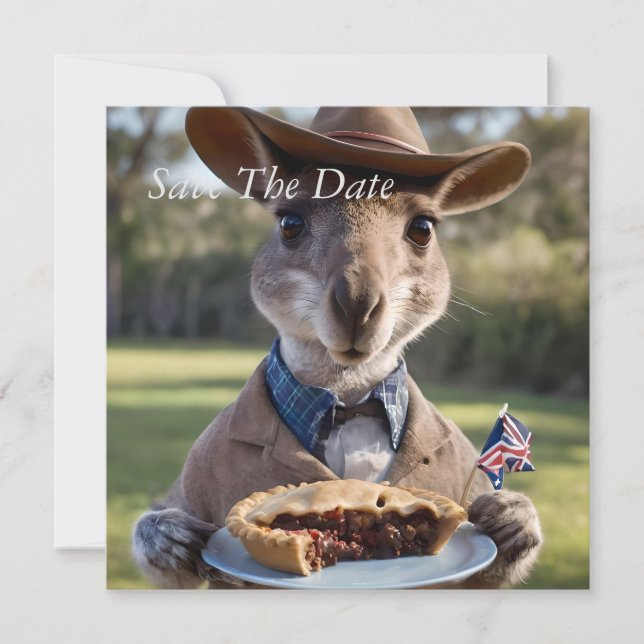 "Outback Delight: A Kangaroo Eats Aussie Meat Pie Save The Date (Front)