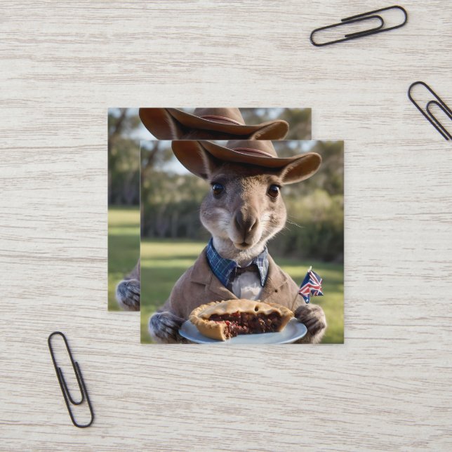 "Outback Delight: A Kangaroo Eats Aussie Meat Pie Square Business Card (Front/Back In Situ)
