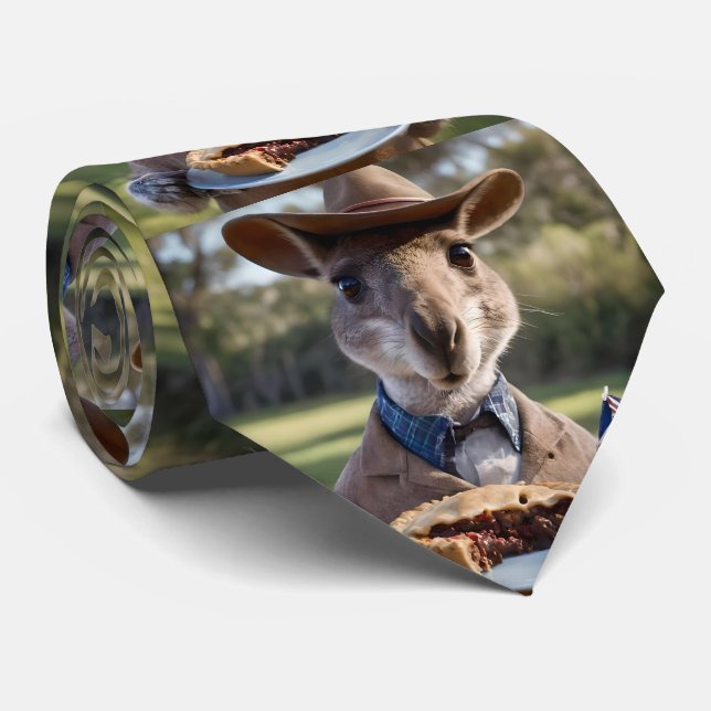 "Outback Delight: A Kangaroo Eats Aussie Meat Pie Tie (Rolled)