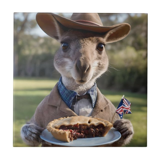 "Outback Delight: A Kangaroo Eats Aussie Meat Pie Tile (Front)