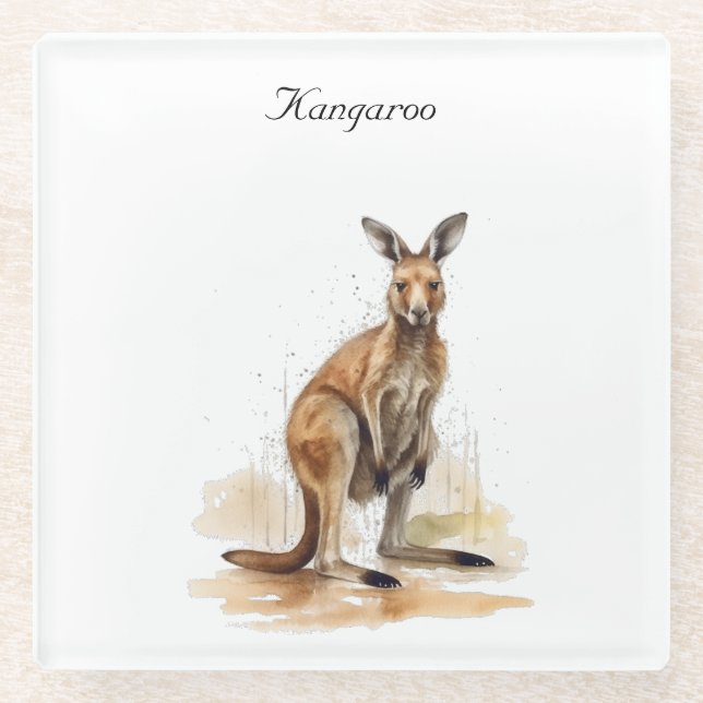 Outback Wanderer: Watercolor Kangaroo custom Glass Coaster (Front)