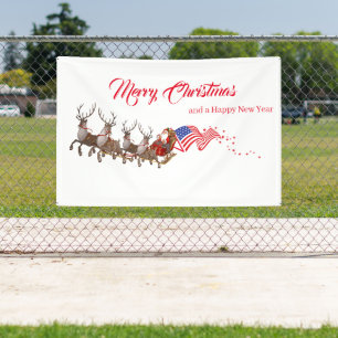 Outdoor Banner Santa Reindeer US Flag Christmas
