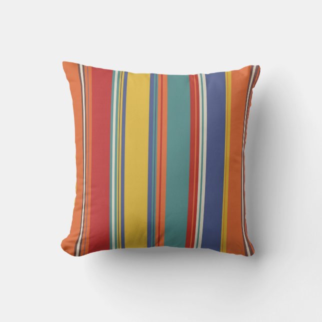 Outdoor Bright Blue Red Orange Teal Stripe Design Pillow (Front)
