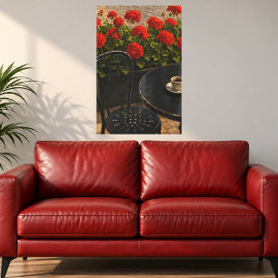 Outdoor Cafe Scene with Red Geraniums Canvas Print
