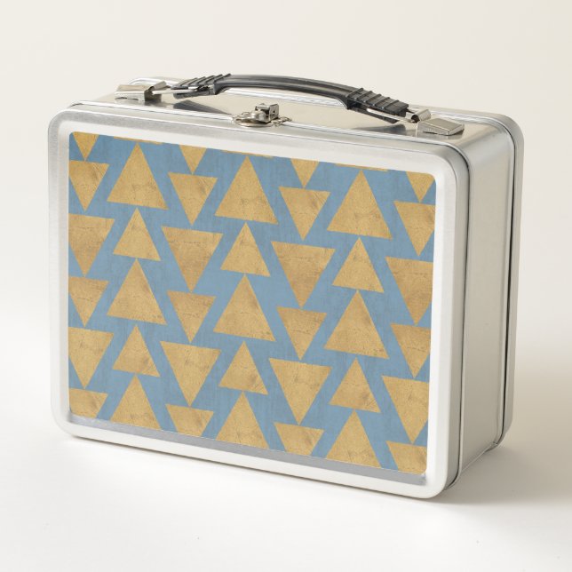 Outdoor Geo Step | Gold & Blue Pattern Metal Lunch Box (Front)