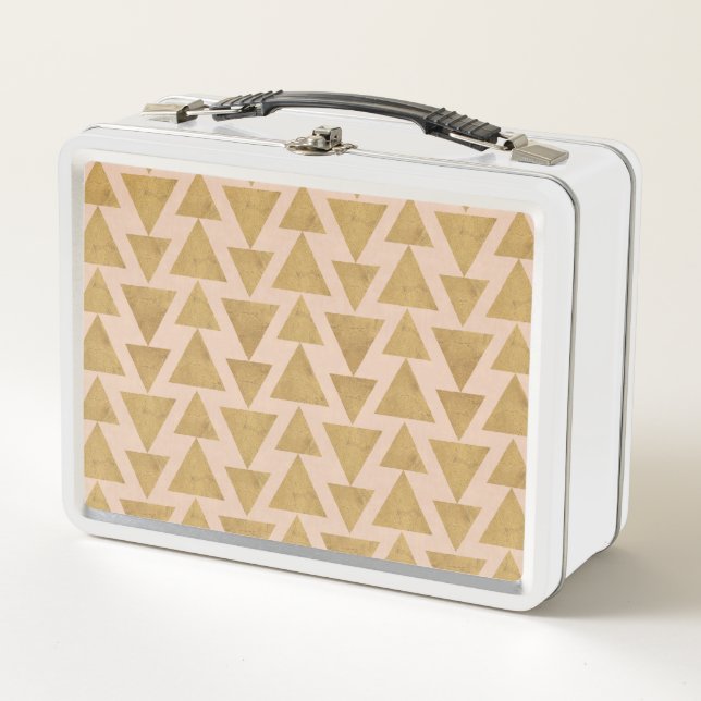 Outdoor Geo Step | Gold & Coral Geometric Pattern Metal Lunch Box (Front)