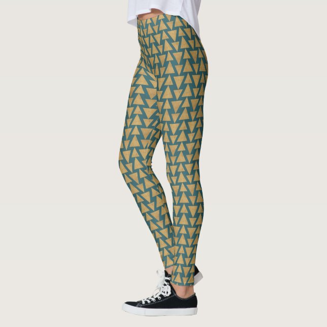 Outdoor Geo Step | Gold & Dark Teal Pattern Leggings (Left)