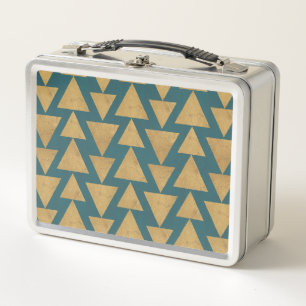 Outdoor Geo Step   Gold & Dark Teal Pattern Metal Lunch Box